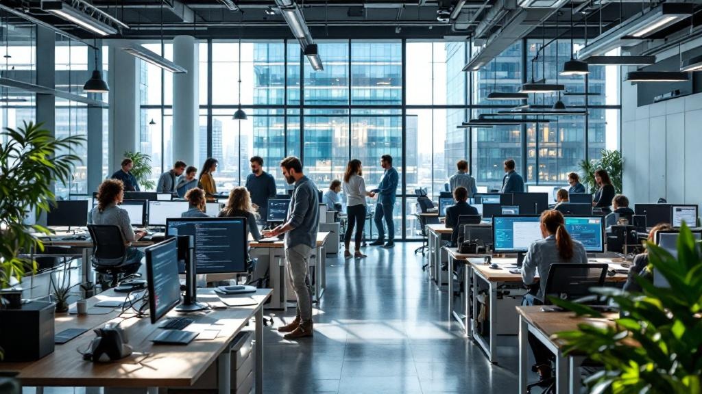 A wide-angle editorial photograph taken inside a modern open-plan AI research office, set within a recognisable European context such as the glass-and-steel campus buildings at ETH Zurich or the Canar