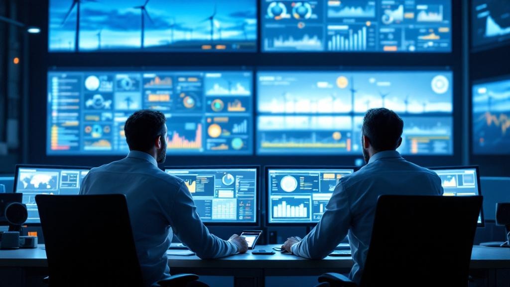 Editorial photograph of a European energy-sector control room: two engineers reviewing AI-generated grid-analytics dashboards on large monitors, with wind-turbine visualisations on screen. Neutral ind