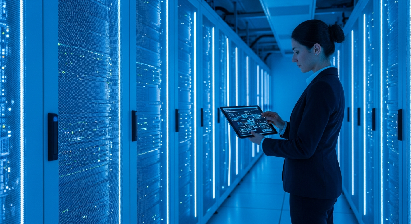 Editorial photograph taken inside a modern European financial data centre, rows of illuminated server racks in cool blue lighting, a compliance officer in business attire reviewing a tablet displaying