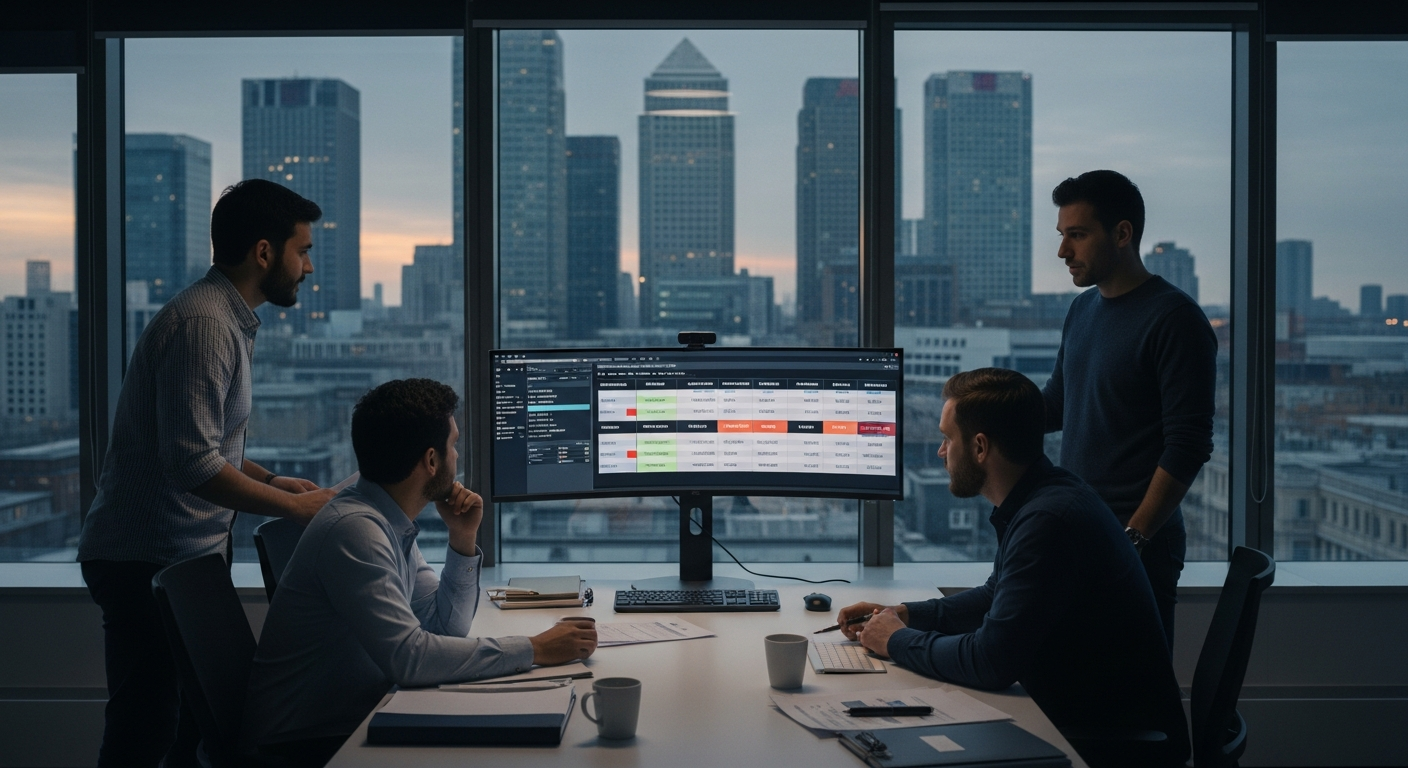 Wide editorial shot of a glass-walled fintech office overlooking Canary Wharf at dusk, a small team of engineers gathered around a curved monitor displaying token pricing comparison tables, natural wi
