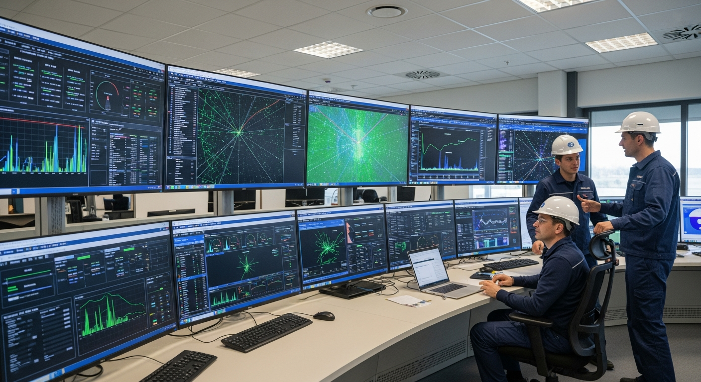 Editorial photograph taken inside a modern European electricity grid control room, multiple screens displaying live network data and renewable energy output charts, two engineers in discussion, natura