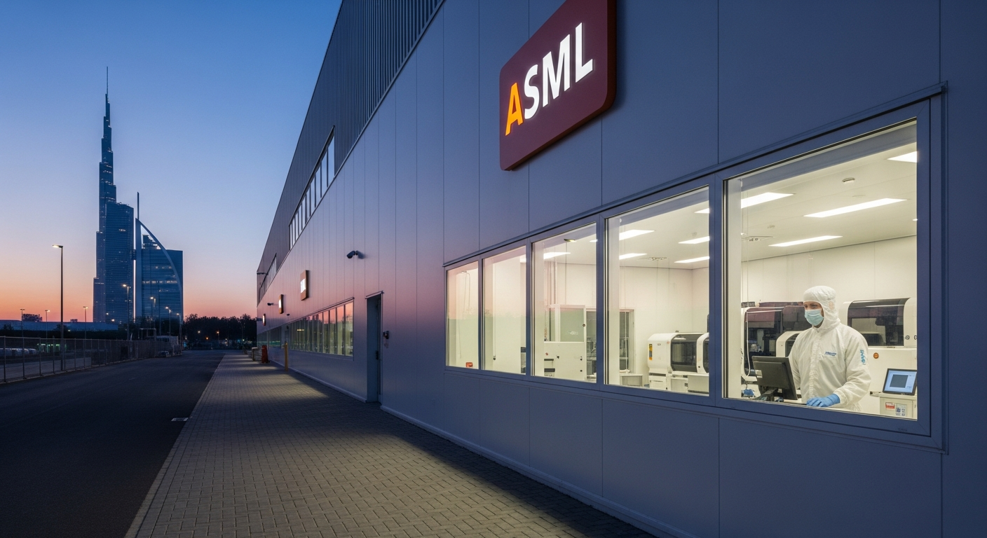 Wide-angle editorial shot of the ASML cleanroom facility exterior in Eindhoven, Netherlands, taken at dusk with soft ambient lighting, a single technician in a white cleanroom suit visible through a g