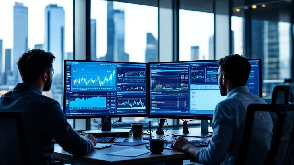 Editorial photograph taken inside a modern European financial technology workspace, showing two analysts reviewing AI model output on large monitors. The setting suggests a regulated environment: glas