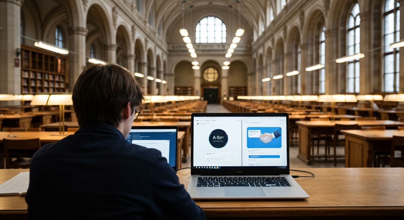 Editorial photograph inside a European university library, high ceilings and wooden reading desks visible, a student at a laptop with a split-screen showing two different AI chatbot interfaces side by
