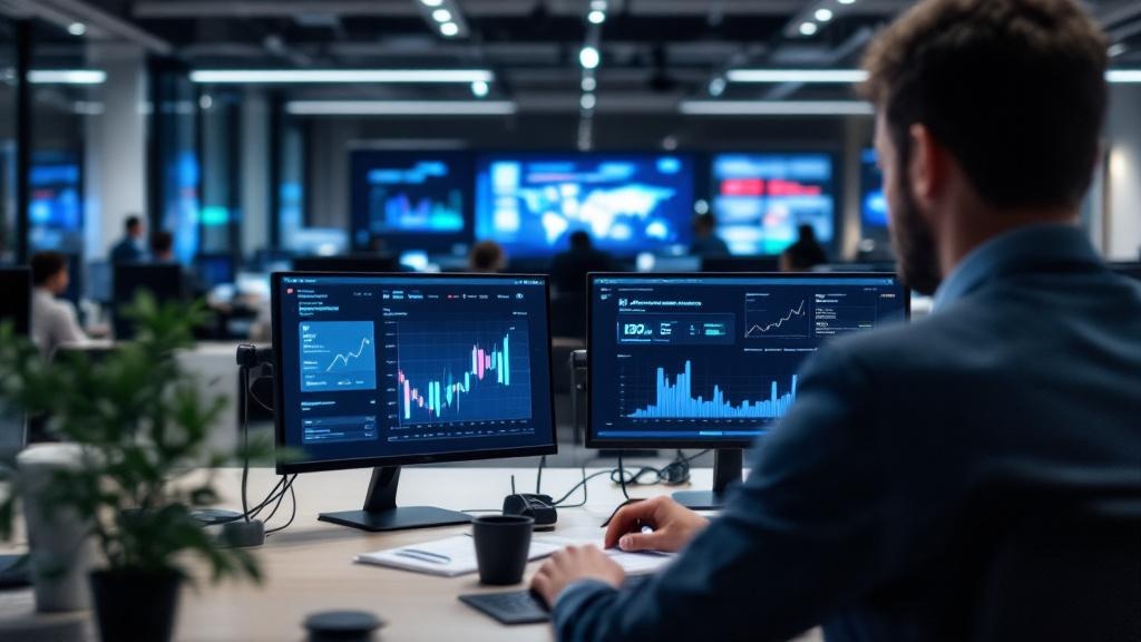 Wide-angle photograph taken inside a modern European financial institution's technology compliance centre, showing analysts at dual-monitor workstations displaying regulatory mapping software and AI r