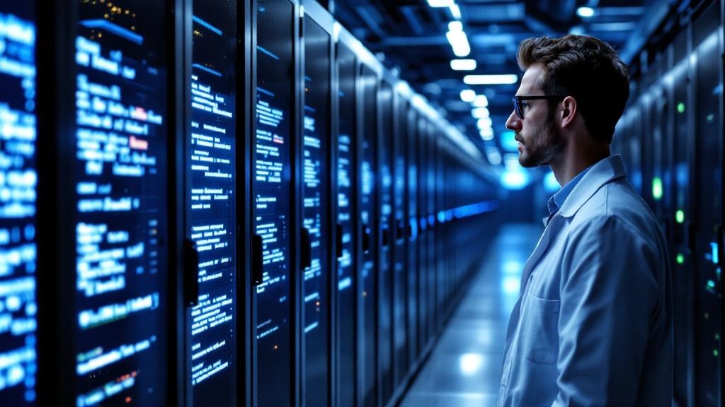 Editorial photograph inside a European high-performance computing facility, rows of GPU server racks illuminated in cool blue light, with a researcher in a lab coat reviewing a monitor displaying mult