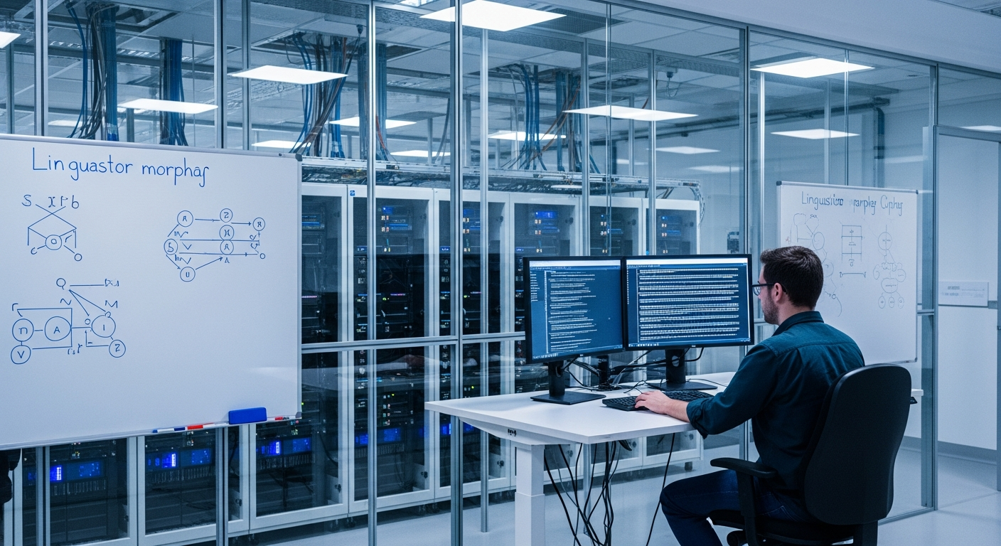 Editorial photograph taken inside a contemporary European AI research facility, suggesting a mid-sized language technology team at work. Show two or three researchers reviewing text data visualisation