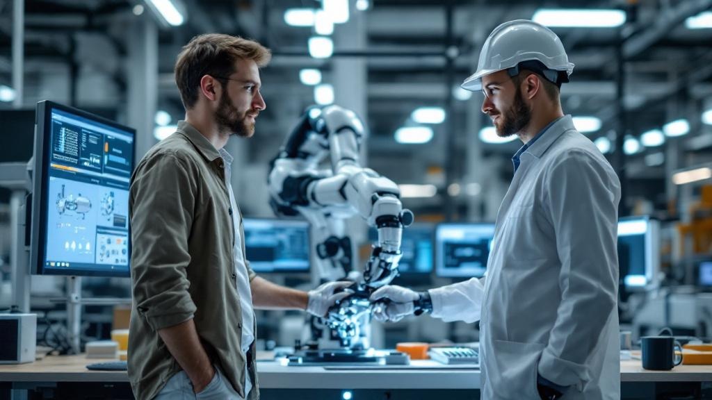 Editorial photograph of an industrial robotics laboratory collaboration: a researcher in casual academic dress standing alongside an engineer in corporate workwear, both examining a robotic arm mounte