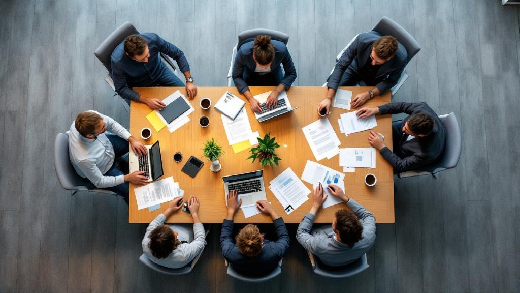 Editorial overhead shot of a Swiss federal agency meeting room: a long table with printed funding documents, laptops, and coffee cups, occupied by four or five professionals reviewing programme materi