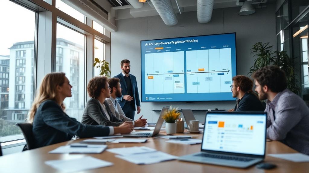Wide-angle editorial photograph taken inside a contemporary Brussels office building near the Schuman roundabout, showing a compliance team gathered around a large screen displaying a regulatory timel