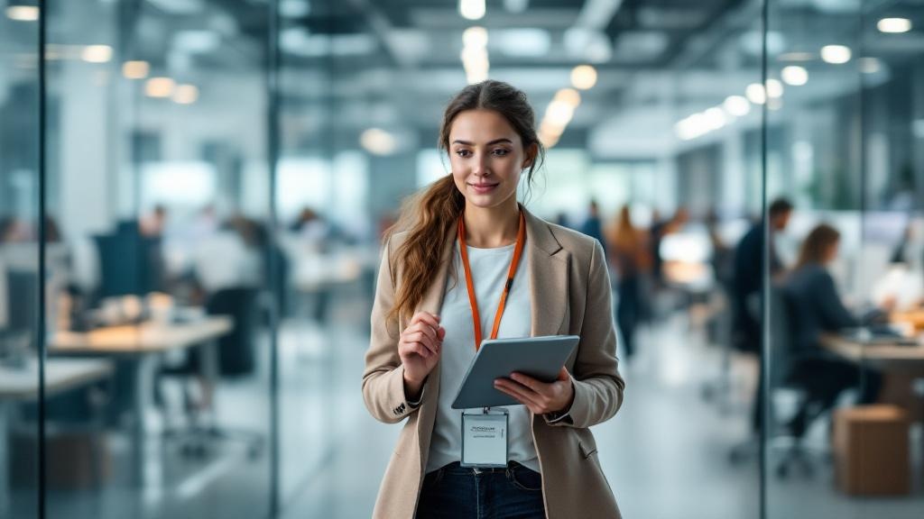 Editorial photograph of a young professional woman in her early thirties, wearing a lanyard and holding a tablet, walking through the glass-walled corridor of a purpose-built AI research campus in a n