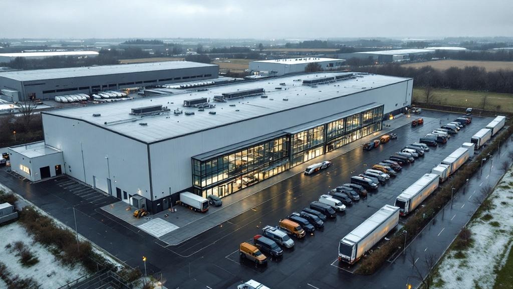 Aerial editorial photograph of a European defence and aerospace manufacturing facility, showing the exterior of a large modern assembly building alongside rows of parked engineering vehicles. The imag