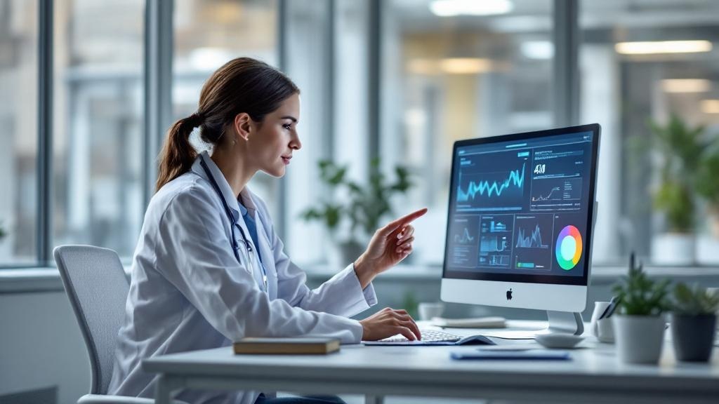 Editorial photograph taken inside a contemporary European hospital or clinical research facility, showing a clinician reviewing data on a screen displaying an AI-assisted diagnostic interface. The env