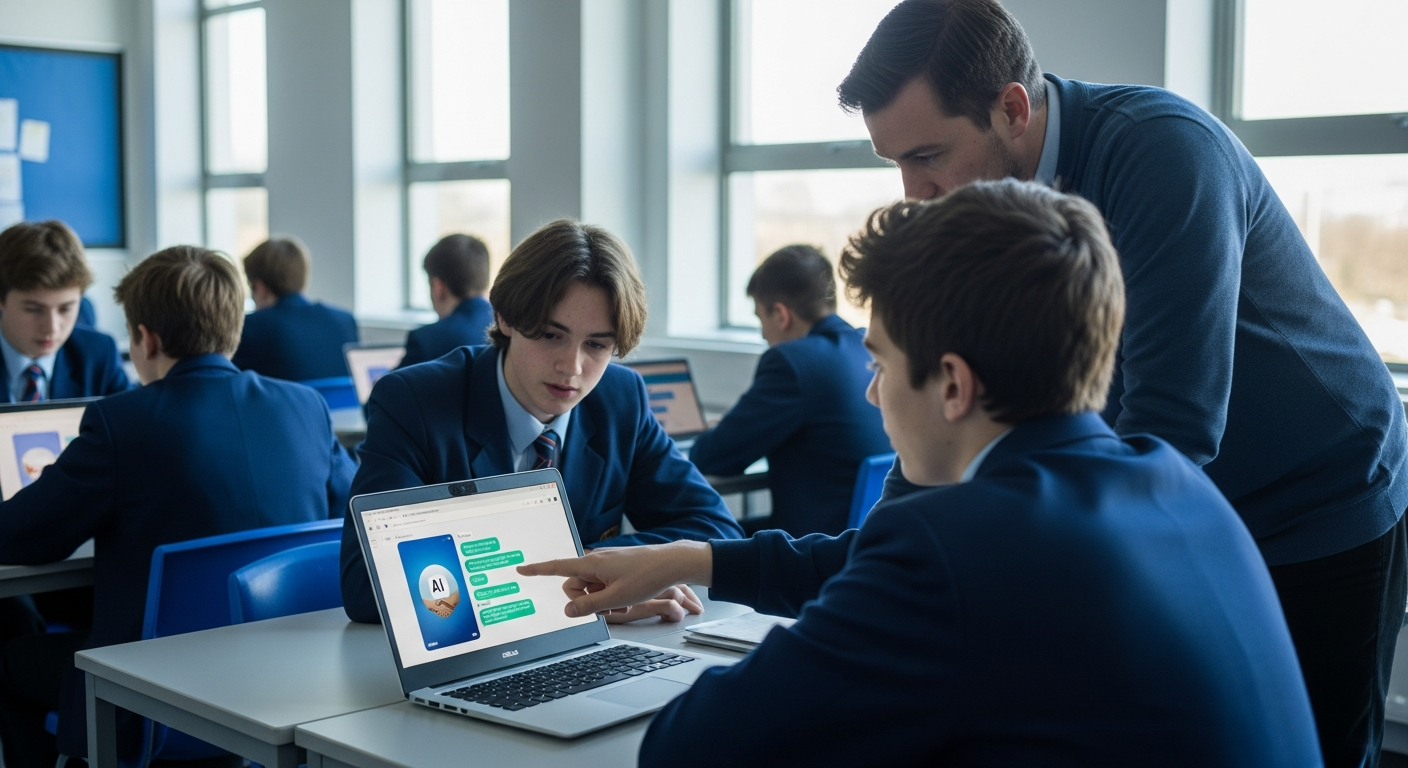 A wide-angle editorial photograph inside a contemporary British secondary school classroom. Students aged 14-16 sit at desks with laptops open, one student pointing at a screen displaying an AI chat i
