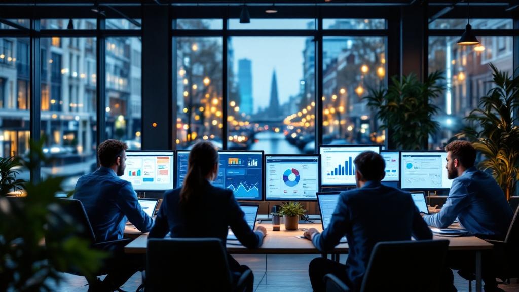 A wide-angle editorial photograph taken inside a contemporary European finance team open-plan office, most likely in Paris or Amsterdam. Several employees in business-casual dress review digital dashb