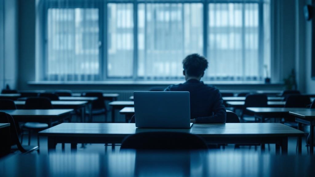 Editorial photograph inside a modern secondary school classroom in Northern Europe: a teenage student sits alone at a desk, lit by the pale glow of a laptop screen displaying a chat interface, while o