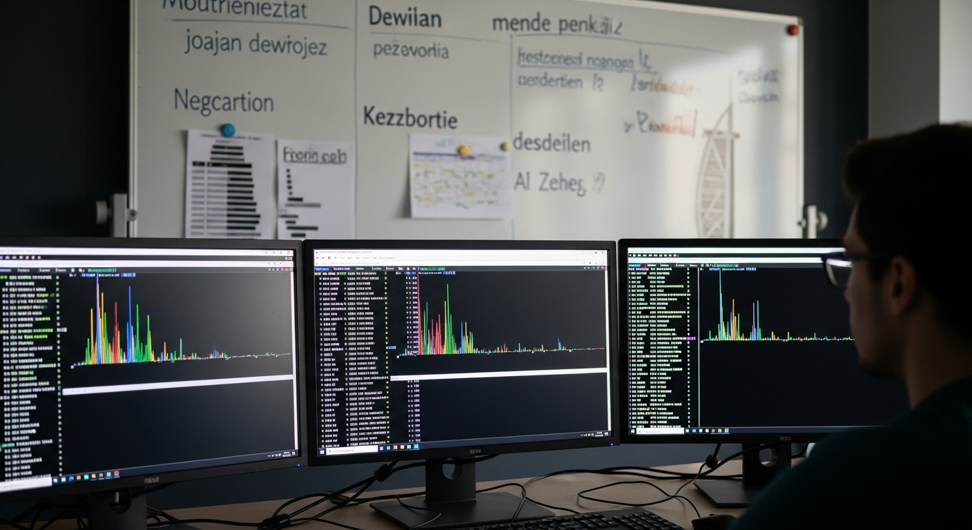 A developer workstation in a European university AI lab, multiple terminal windows open showing model training logs with loss curves, a whiteboard behind covered in multilingual text samples in French