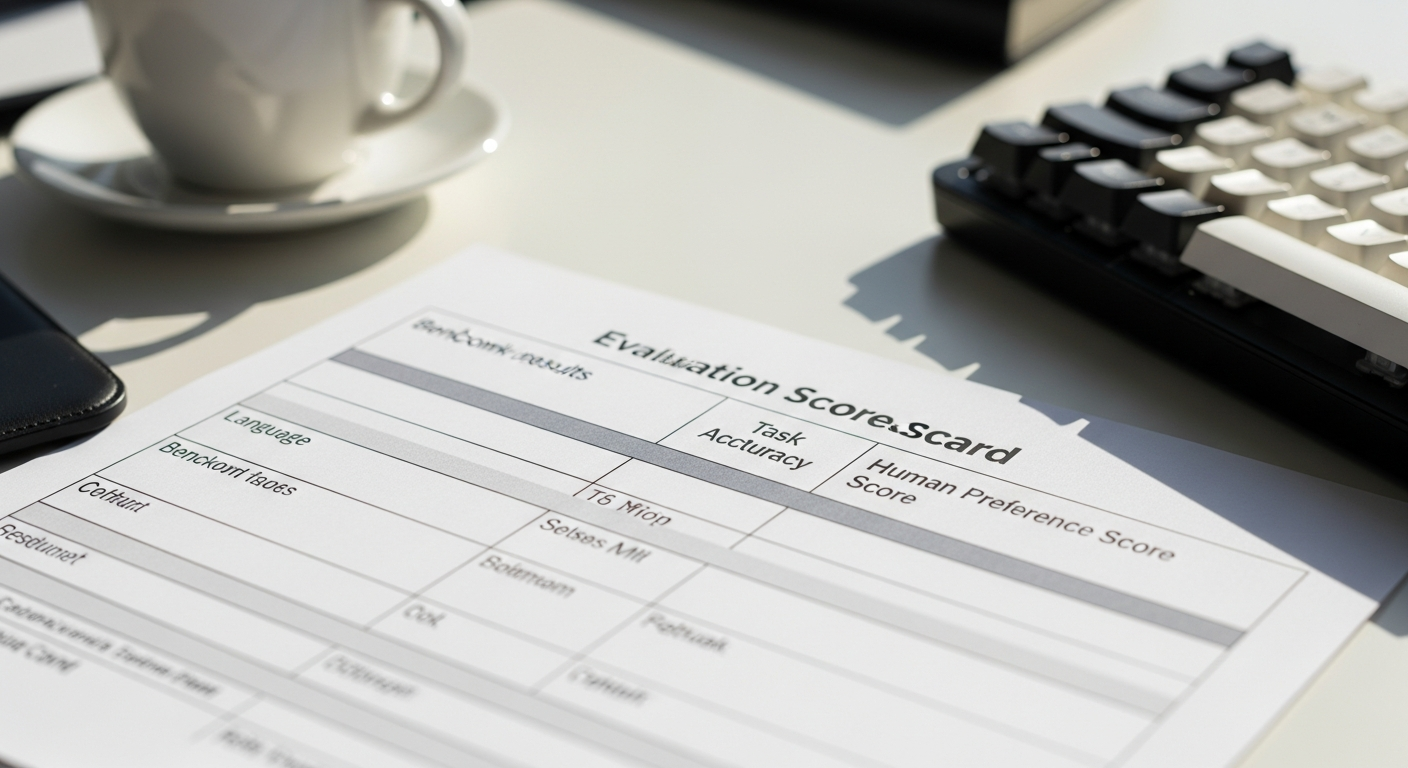 Close-up of a printed evaluation scorecard on a desk in a European public-sector digital office, showing benchmark results in a table format with columns for language, task accuracy, and human prefere