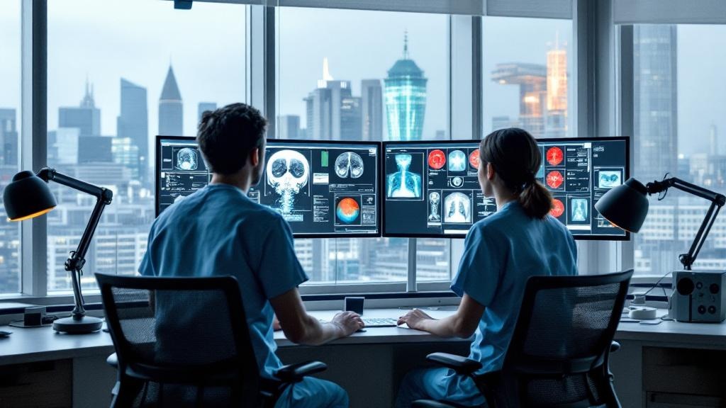 Editorial photograph inside a modern NHS hospital digital command centre: two clinicians in scrubs reviewing AI-generated radiology reports on large wall-mounted monitors, natural light from floor-to-