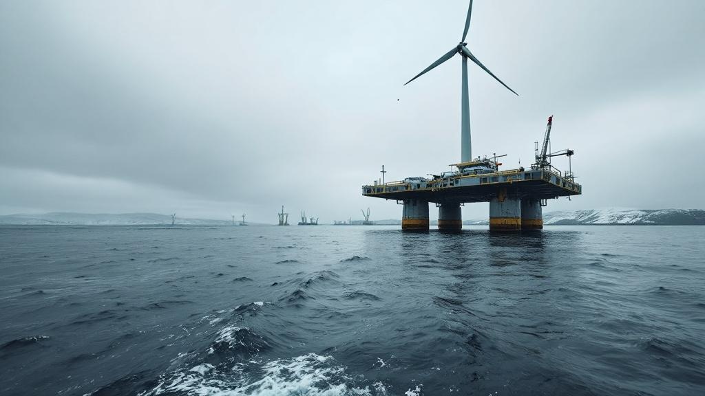 Wide-angle editorial photograph taken from a crew vessel looking toward a semisubmersible floating wind turbine platform in the North Sea, grey-green water in the foreground, overcast northern Europea