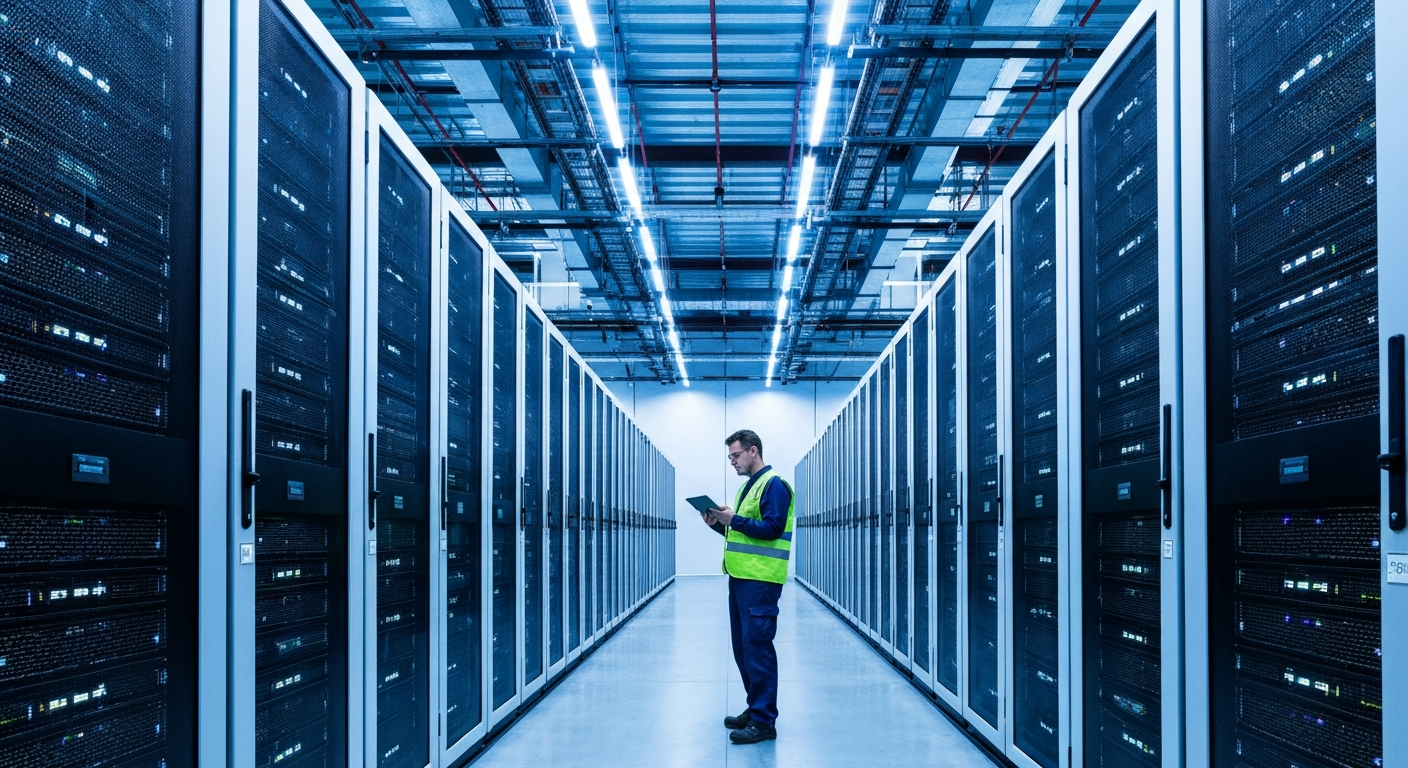 Editorial photograph inside a large European hyperscale data centre, rows of illuminated server racks receding into the distance, a lone engineer in a high-visibility vest reviewing a tablet in the fo
