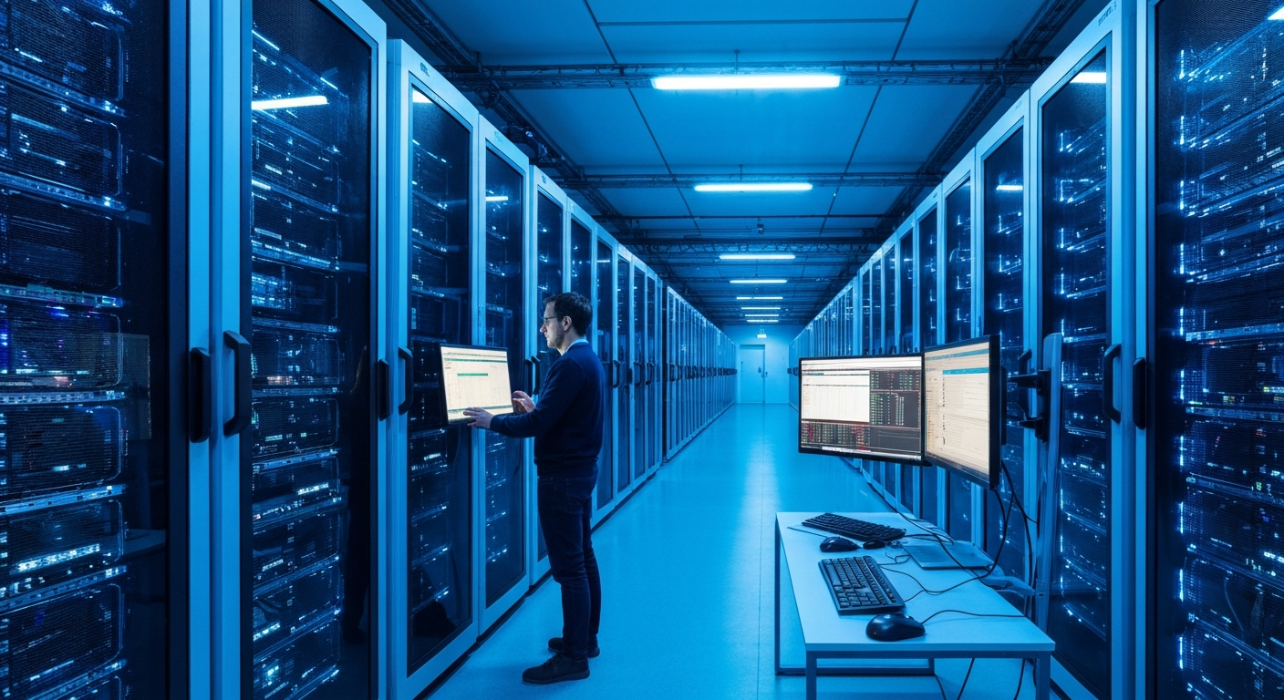 A wide-angle editorial photograph taken inside a European high-performance computing facility, showing rows of illuminated server racks bathed in cool blue light, with a researcher in the foreground r