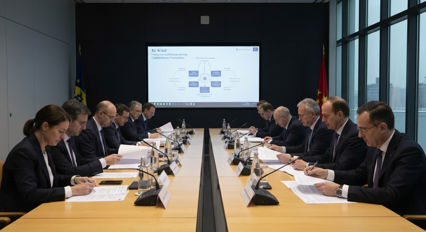 An editorial photograph of a policy briefing room in Brussels, with officials seated around a long table reviewing printed documents. A large screen at the front of the room displays an EU AI Act comp