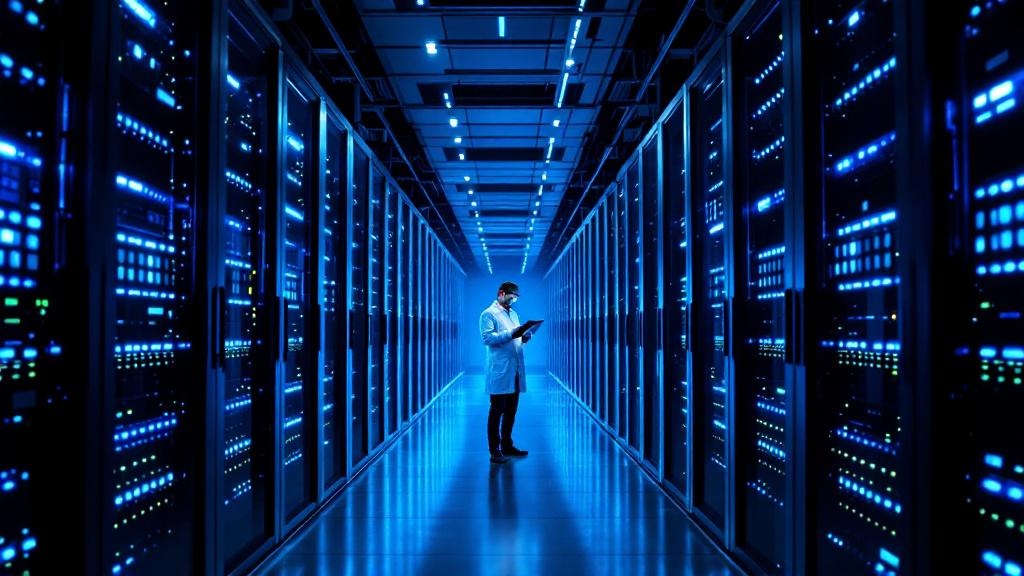 Wide-angle editorial photograph taken inside a modern European hyperscale data centre, rows of illuminated server racks receding into the distance, cool blue and white lighting, a single technician in