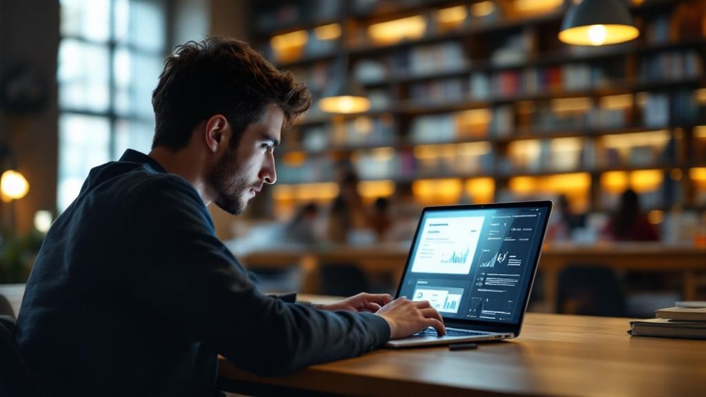 A wide-angle editorial photograph taken inside a modern European university library, such as a space reminiscent of ETH Zurich or University College London, showing a postgraduate student working at a