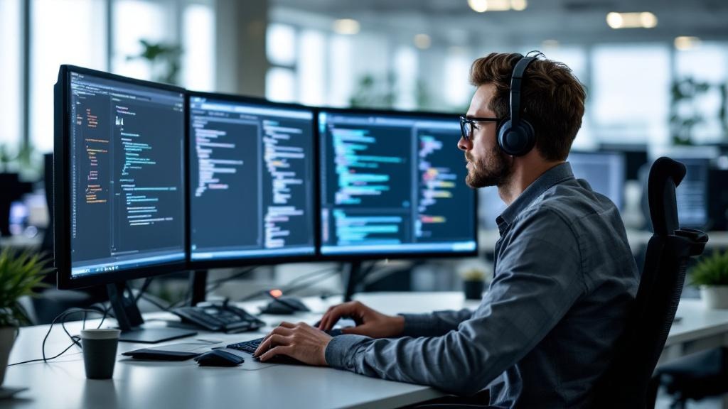 Editorial photograph of a software engineer at BNP Paribas or similar large European bank, seated at a workstation with multiple screens showing code editor interfaces and AI-assisted suggestion panel