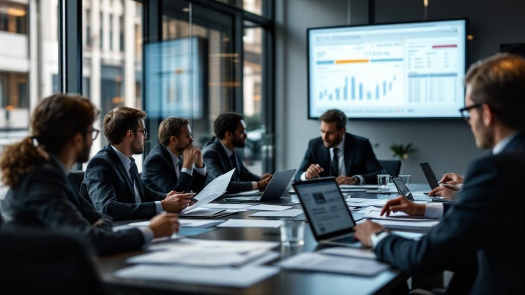 Editorial photograph of a bank risk and compliance meeting in a glass-walled conference room in a European financial district, with participants reviewing printed documents and laptop screens showing 