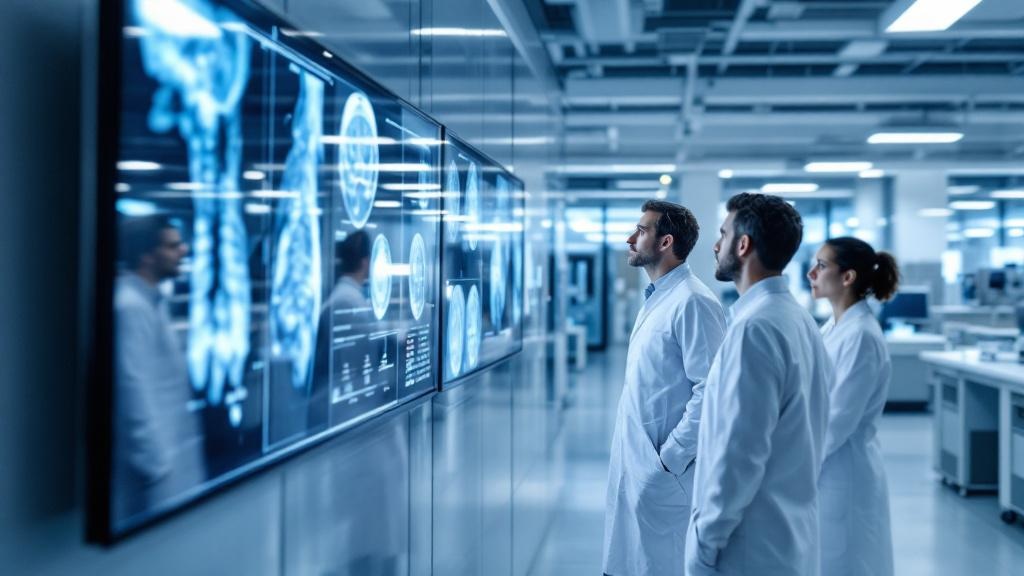 Editorial photograph inside a modern European biomedical research facility, showing researchers in white coats examining AI-generated diagnostic imaging results on large wall-mounted screens. The envi
