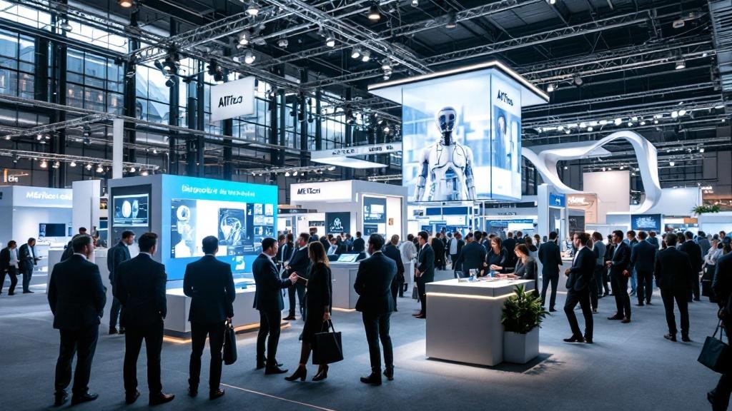 Editorial photograph inside a modern European medtech conference exhibition hall, delegates in business attire gathered around interactive diagnostic AI demonstration screens, branding-neutral stands,