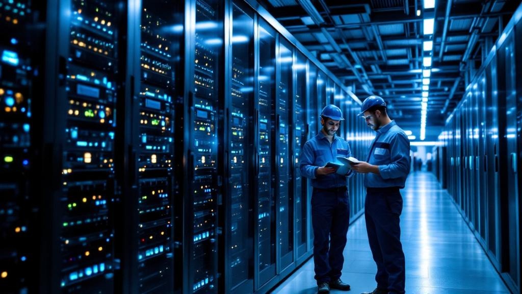 Wide-angle editorial photograph inside a European hyperscale data centre facility, rows of server racks illuminated in cool blue light with engineers in branded workwear reviewing hardware configurati