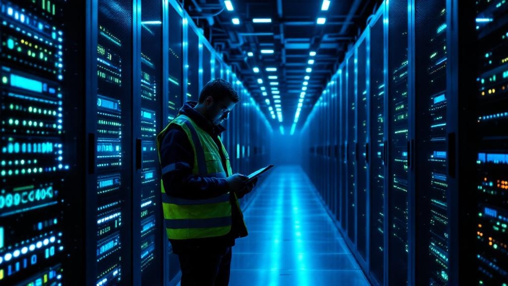 A wide editorial photograph taken inside a contemporary European data centre, rows of illuminated server racks receding into the background, a lone engineer in a high-visibility vest reviewing a table