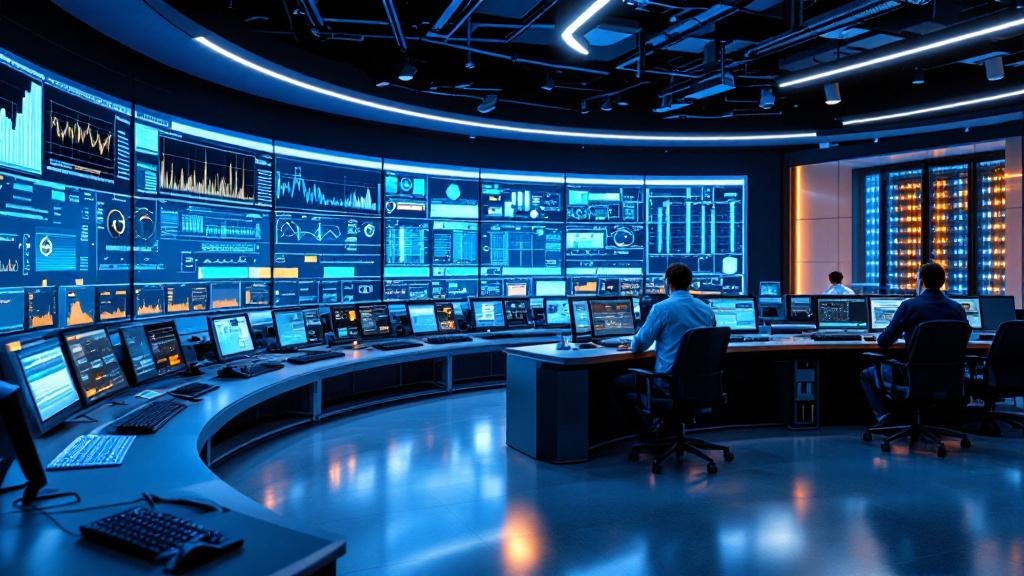 Editorial photograph taken inside a modern European electricity control room, wide angle, operators at curved workstations monitoring real-time grid data on large curved displays, soft blue and amber 