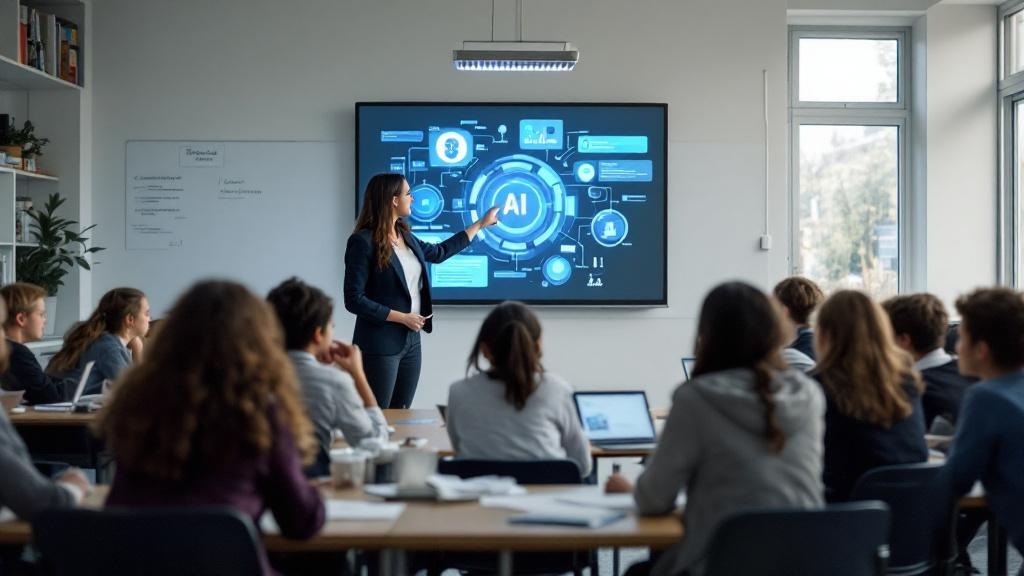 A wide-angle editorial photograph taken inside a modern British secondary school classroom. A teacher stands at the front, laptop open, pointing to an AI interface projected on a digital whiteboard, w