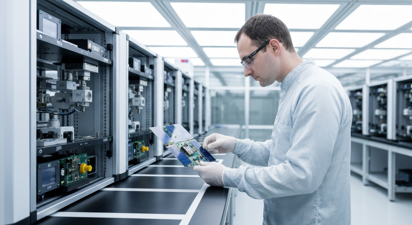 Wide-angle photograph taken inside a high-bay satellite assembly cleanroom at an ESA or Airbus Defence and Space facility in Europe, showing engineers in white cleanroom suits working on a compact sat