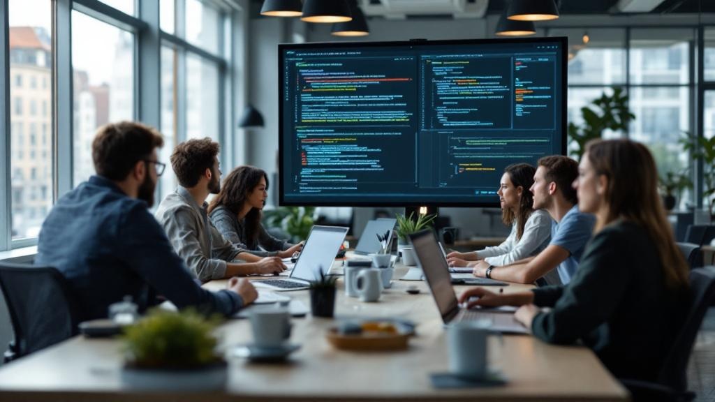 A wide-angle editorial photograph taken inside a modern European co-working or accelerator space, such as those found in Berlin's Mitte district or near the Canary Wharf tech cluster in London. Develo