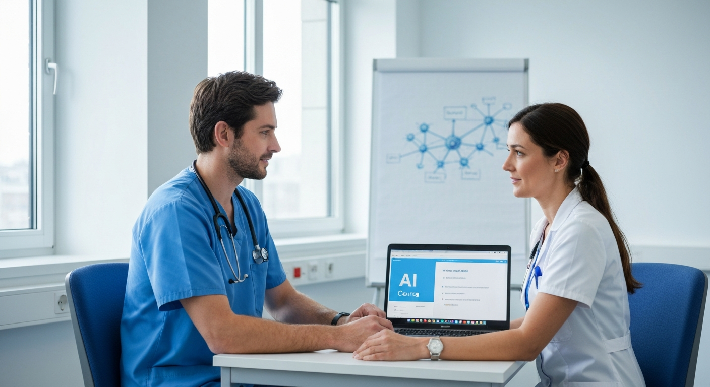A wide-angle editorial photograph taken inside a modern European hospital learning centre, showing a mixed group of clinical professionals, nurses, a pharmacist, and an administrator gathered around a