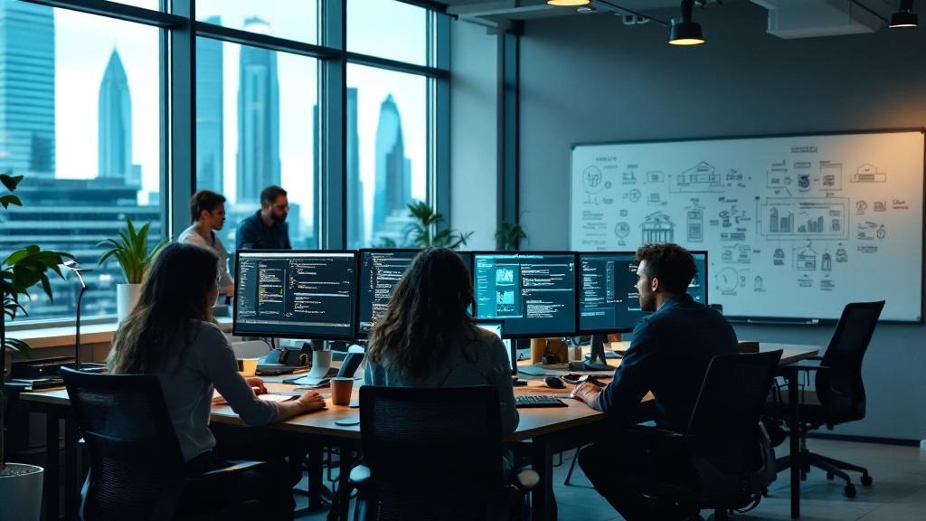 A wide-angle editorial photograph taken inside a modern UK government technology office, showing diverse AI professionals in their late twenties and thirties working at standing desks with multiple mo