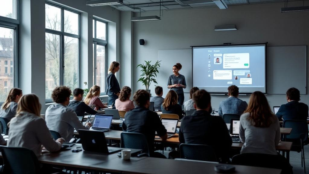 Editorial photograph taken inside a modern British secondary school or further education college. Students in their mid-teens sit at individual desks with laptops open, some looking at AI chat interfa