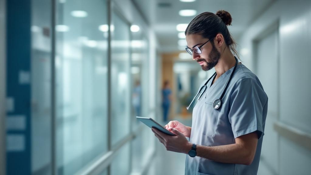 Editorial photograph taken inside a modern European hospital corridor, clean and well-lit, showing a clinician in scrubs reviewing data on a tablet computer. In the background, out of focus, a patient