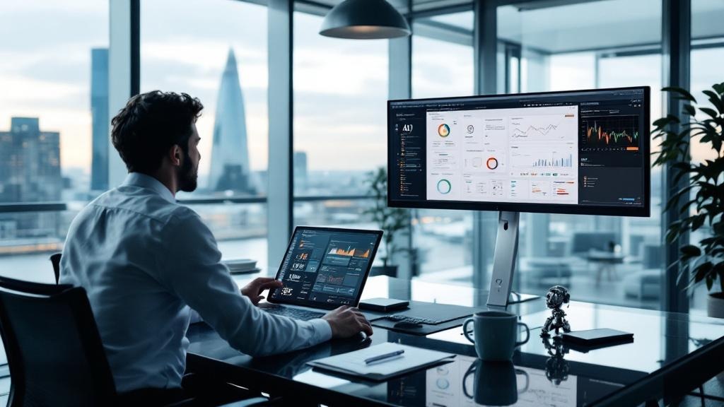 A wide-angle editorial photograph taken inside a modern European financial services compliance office, showing two professionals reviewing AI model documentation on large monitors displaying structure