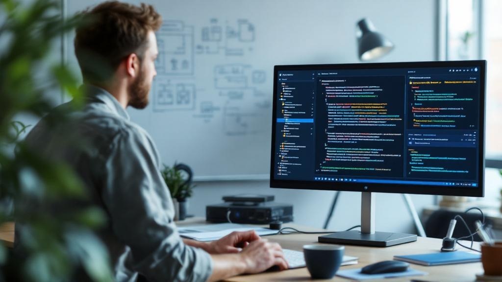 A software developer at a standing desk in a modern European co-working space, possibly in Berlin or Amsterdam, reviewing a split-screen display showing two AI model outputs side by side: one a direct
