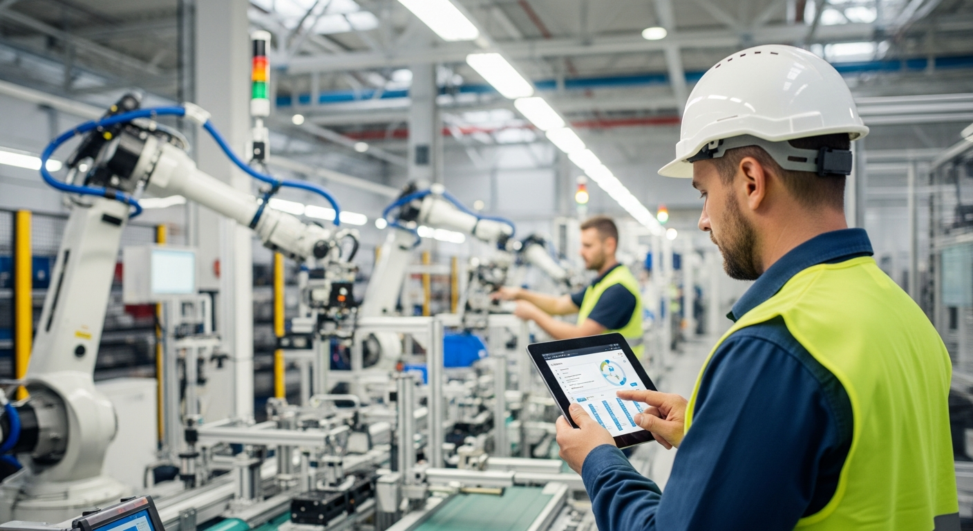 Editorial photograph inside a modern European automotive or electronics manufacturing facility. A engineer in a blue hard hat reviews AI-generated workflow data on a large wall-mounted screen. The fac