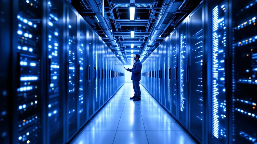 Editorial photograph taken inside a European AI data centre or high-performance computing facility, such as the LUMI supercomputer site in Kajaani, Finland, or a server hall at a major Frankfurt coloc
