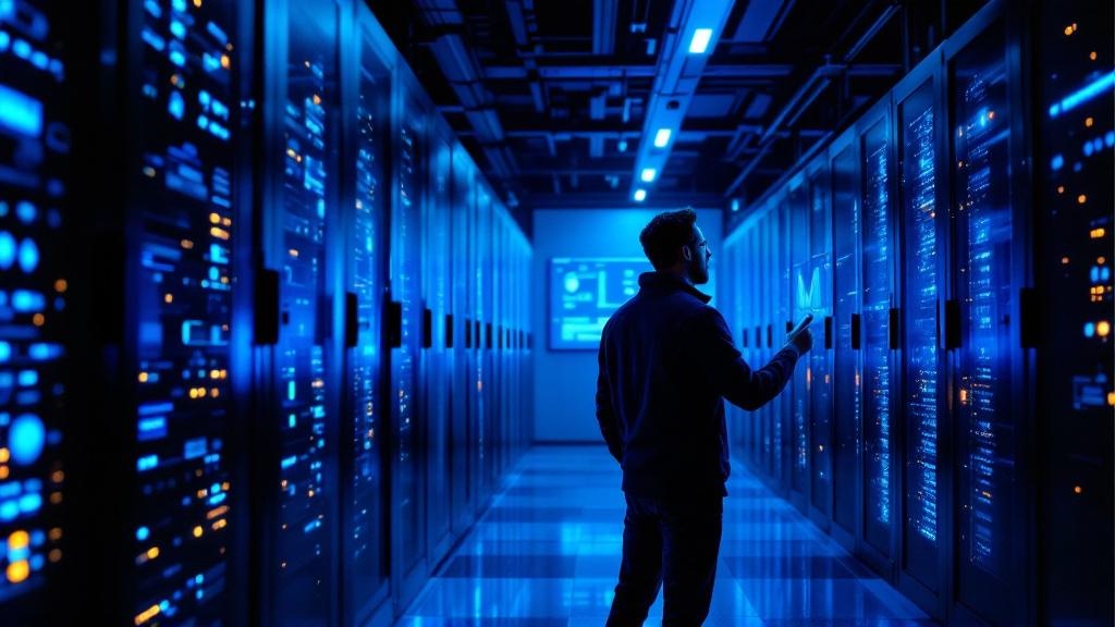 Editorial photograph shot inside a European high-performance computing facility, rows of GPU server racks lit in cool blue light, a researcher in the foreground reviewing performance dashboards on a l