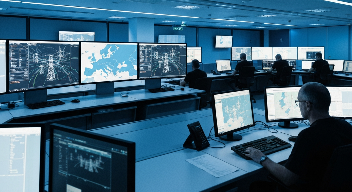 A wide-angle editorial photograph taken inside a modern European data centre facility, rows of illuminated server racks receding into the distance, cool blue and white lighting, no people visible, con