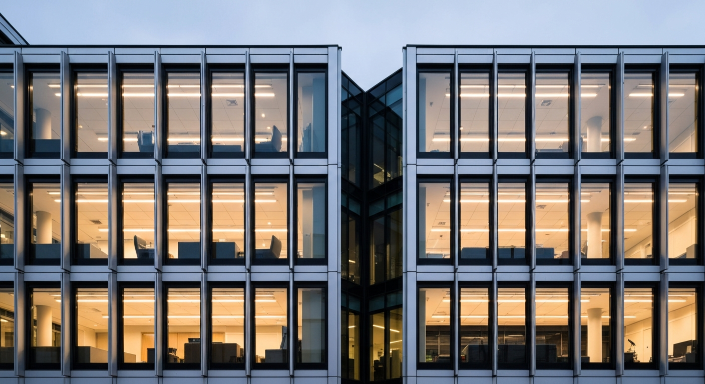 An editorial photograph of the exterior of the ETH Zurich main building at dusk, warm artificial light spilling from lecture-hall windows against a darkening sky, one or two figures in silhouette on t